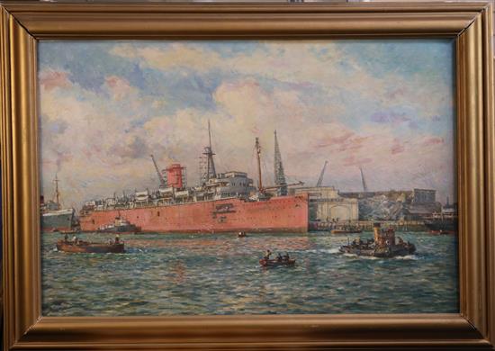 Bernard Gribble (1873-1962) Merchant ship in harbour 19.5 x 29.5in.